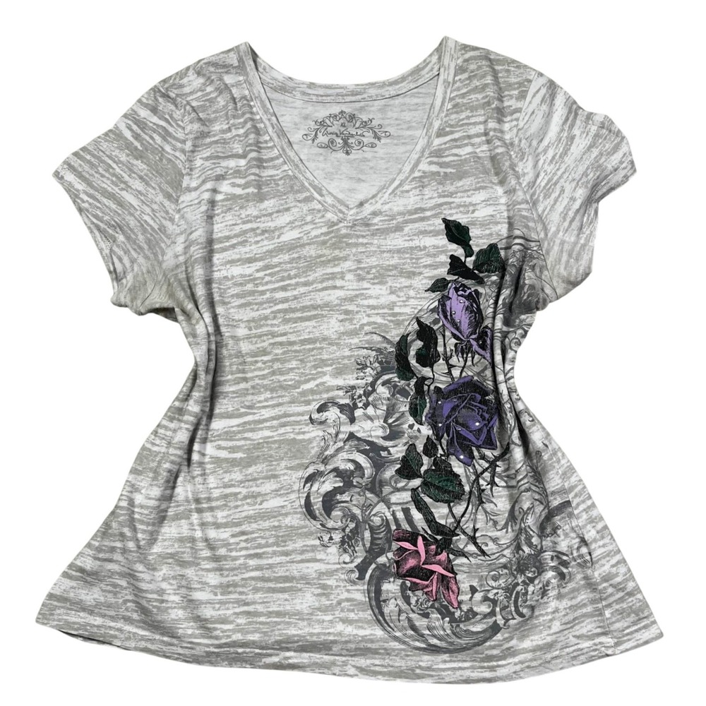 Y2K Rhinestone Grey Rose V-Neck T-Shirt Grunge Goth Gloria Vanderbilt Womens XL